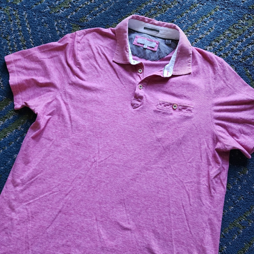 Ted Baker Polo Shirt Mens 5 XL Pink Cotton Short Sleeve Contrast Collar Heather